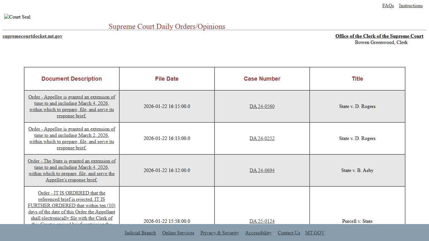 Montana Supreme Court - DAILY ORDERS